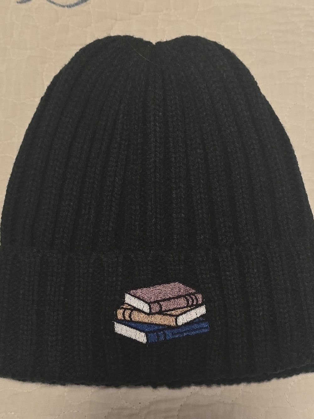 Dark Green Womens Beanie with Embroidered Book Stack